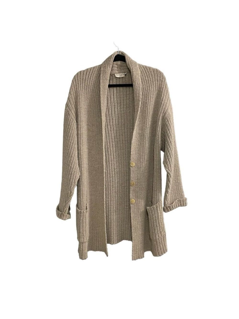 BARBARA BUI Wool Ribbed Long Button Front Cardigan Sweater Tan L